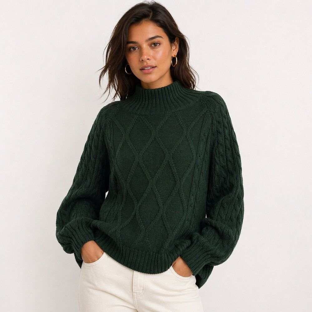 CHOLES Forest Green Cable Knit Sweater L Mock Neck Drop Shoulder Chunky Cozy